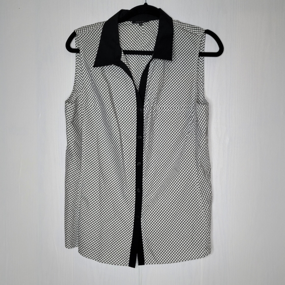 Lafayette 148 Collared Blouse Sleeveless 12 Black Trim Plaid Checkered Career - Picture 2 of 9